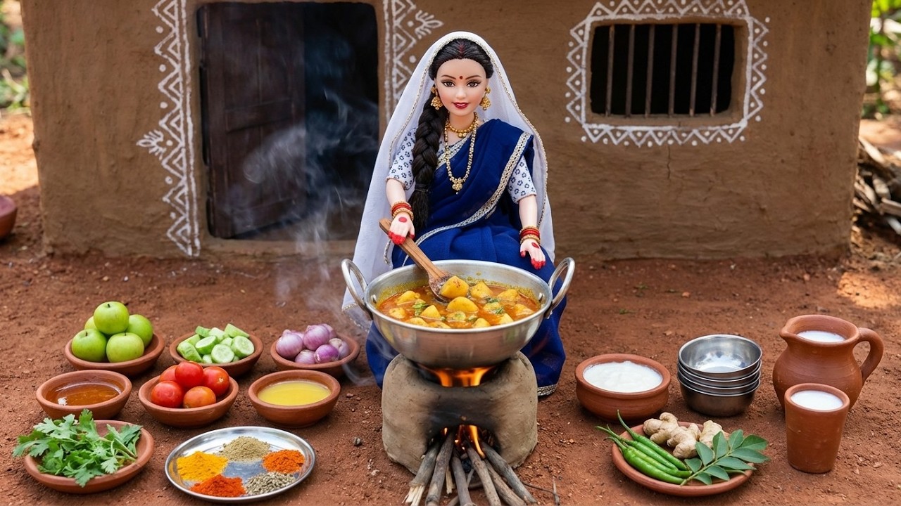 Miniature Doll Village Cooking  Traditional Curry in Tiny Mud House Kitchen  ASMR Real Fire