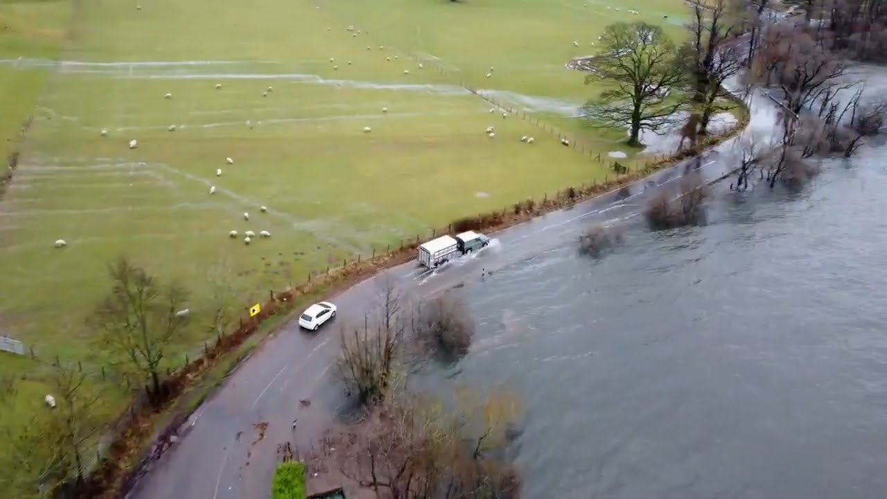 Flooding At Pooley Bridge On Ullswater, Cumbria.  24/02/2021. 4K HD
