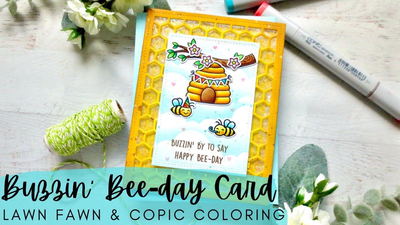 Buzzin' Bee-day Card | Lawn Fawn | Copic Coloring a Shaker Card