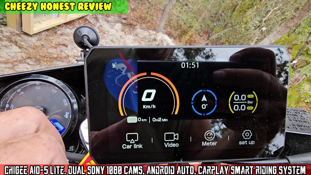 Chigee AIO-5” motorcycle dual 1080P camera Smart Riding system. GPS, car play, android auto, TPMS