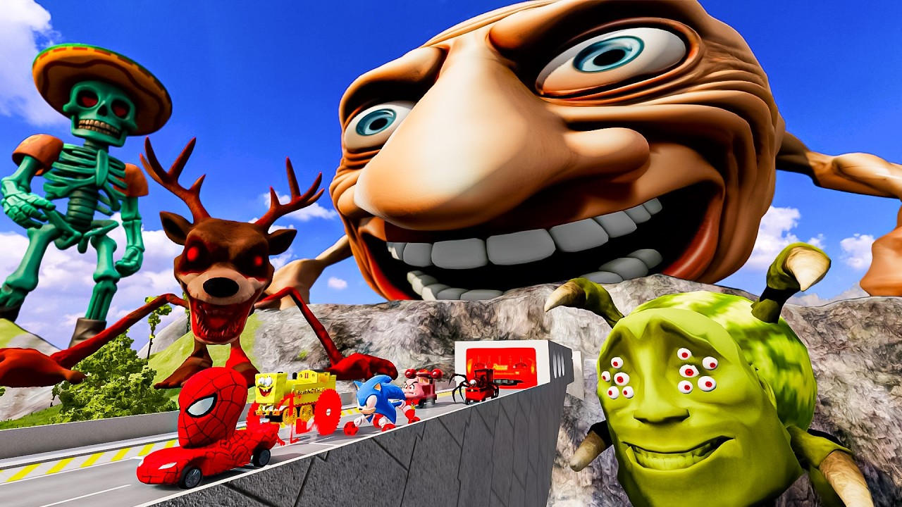 ALL MONSTERS Big & Small Cars vs Broken Bridge with SPIDER MCQUEEN & SPIDER BUS - BeamNG.Drive