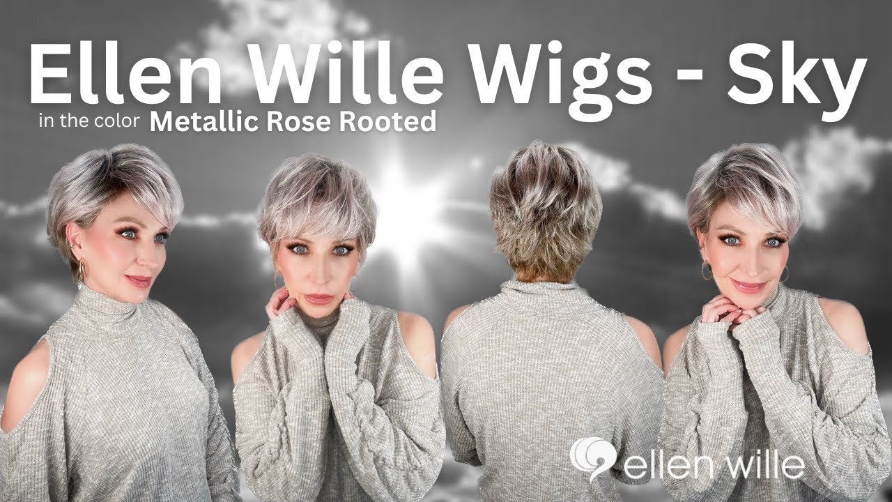 SKY Wig by Ellen Wille in the color Metallic Rose Rooted. A short asymetrical style with flared ends