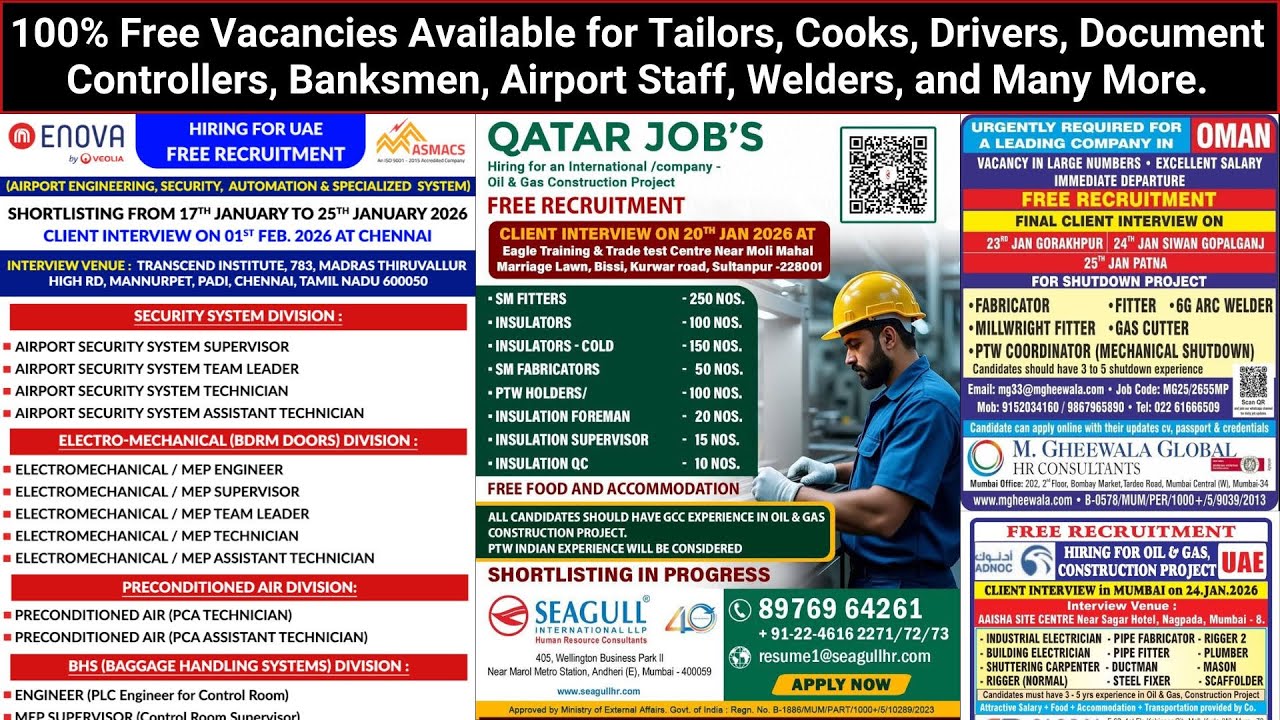 100% Free Jobs for Tailors, Cooks, Drivers, Document Controllers, Banksmen, Airport Staff, Welder...