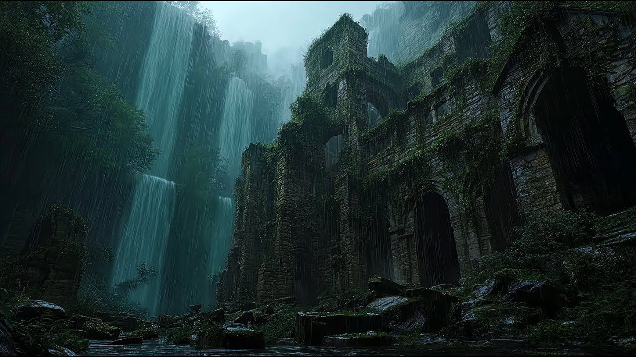 Ancient Ruins Rain 🌧🏰 Waterfall Ambience for Deep Sleep, Relaxation & Study | Mystic Rain Realms
