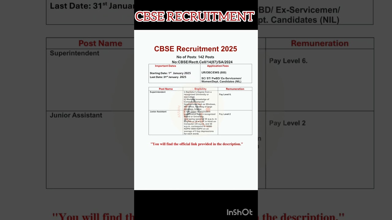 CBSE Recruitment 2025-212 Superintendent & Junior Assistant Posts