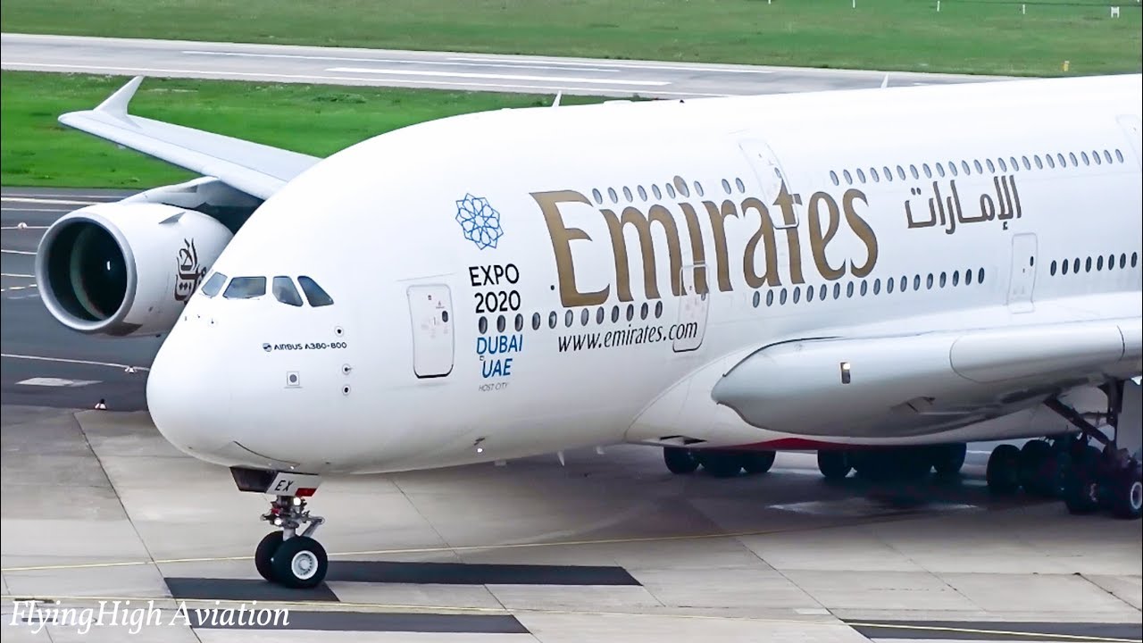 CLOSE UP Emirates Airbus A380 Heavy Landing and Taxi at Dusseldorf Airport
