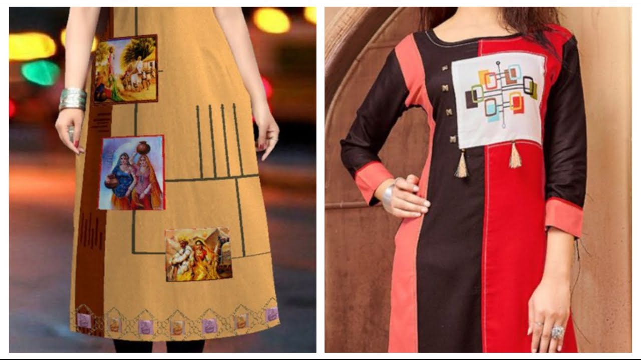 Digital printed crepe rayon kurti design ideas,latest patchwork kurti designs,applique work kurtis