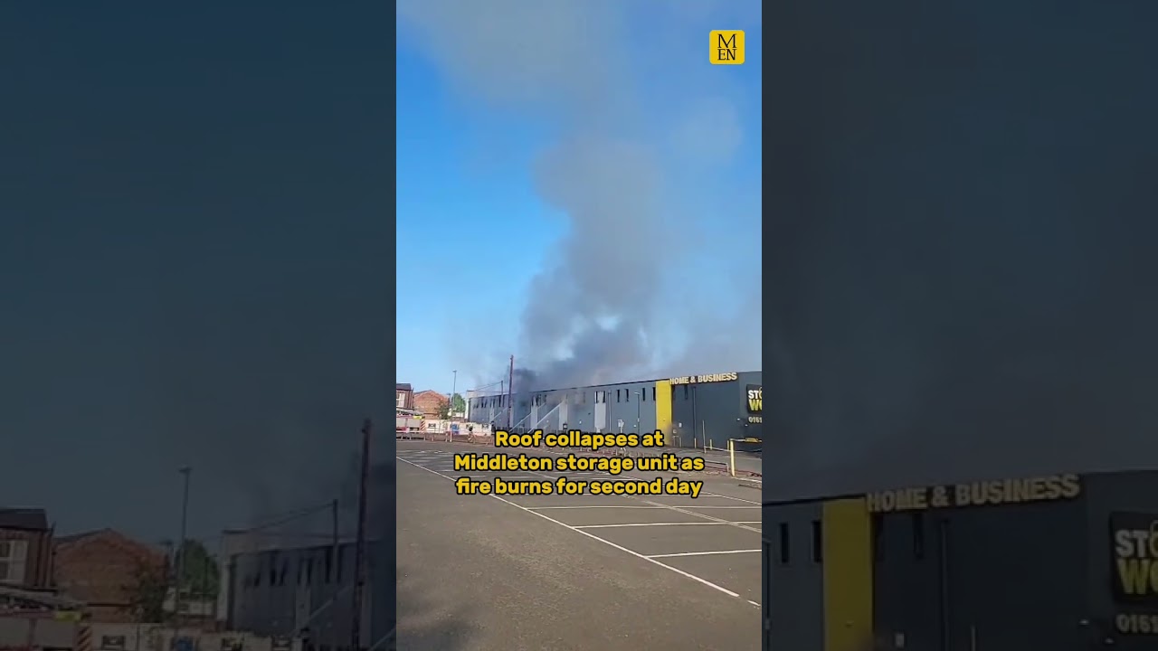 Roof of Middleton storage unit COLLAPSES as major fire burns for second day