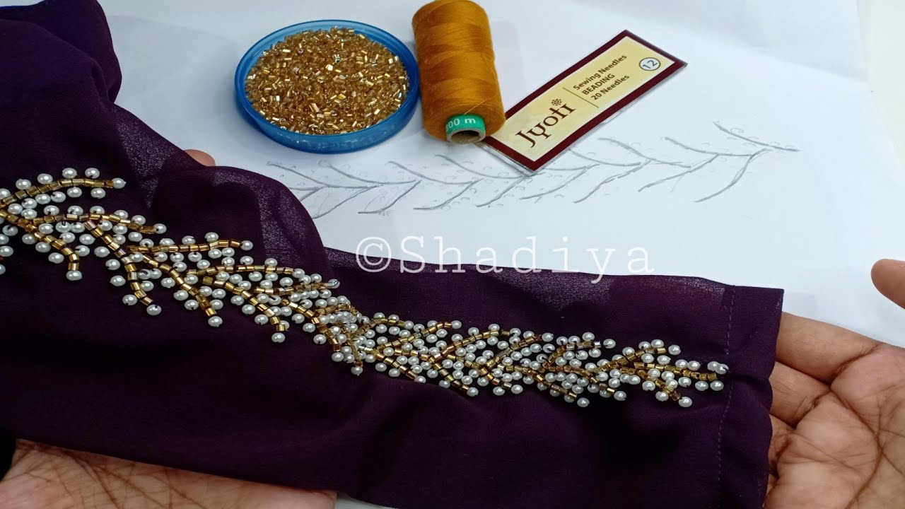 Very beautiful beadwork sleeve embroidery with normal needle| beadwork full sleeve design for kurti