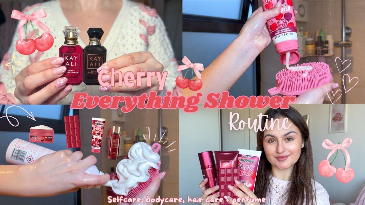 Cherry Everything Shower Routine 🍒Aesthetic Body Care, Skincare & Hair Wash + Perfume Layering✨