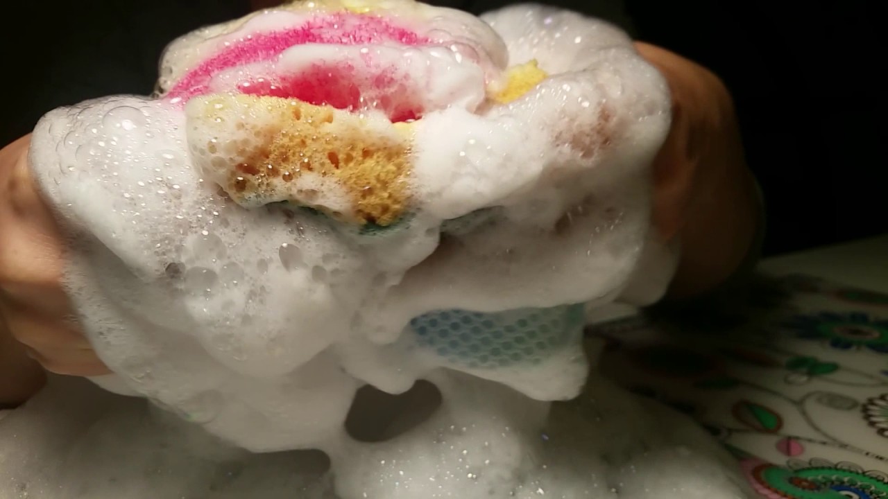 Sponges in sudsy water, squeezing and scratching soapy sponges ASMR