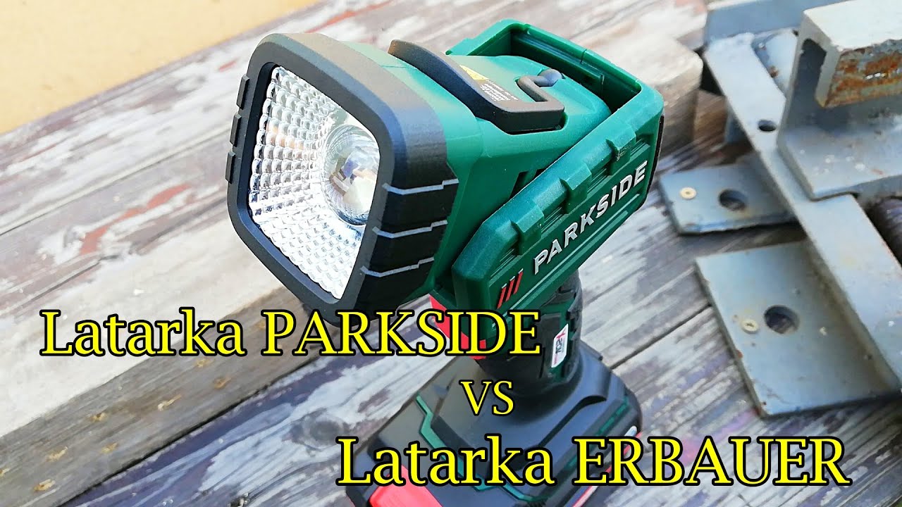 Lampa LED Parkside PLHLA 20-Li A1, porównanie z latarką 18V Erbauer z Castoramy