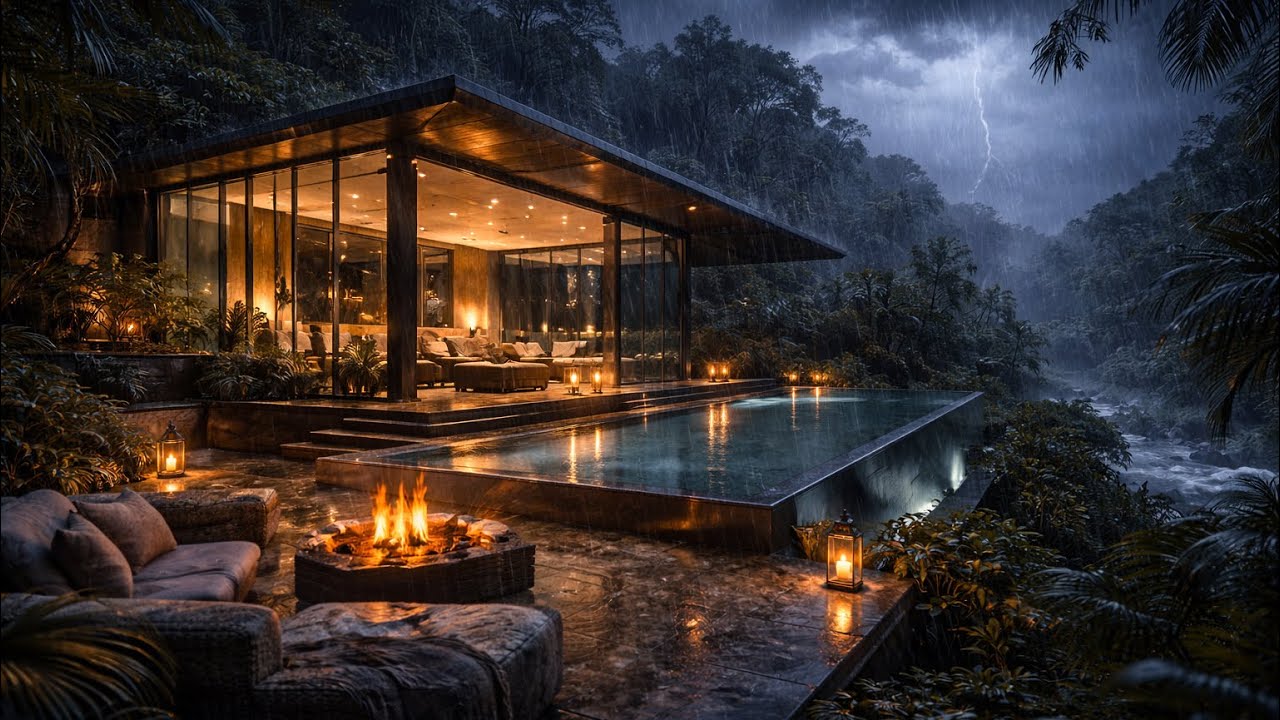 How to Sleep Fast in a Jungle Rainstorm 🌧️ Modern Glass House & Firepit | NO ADS