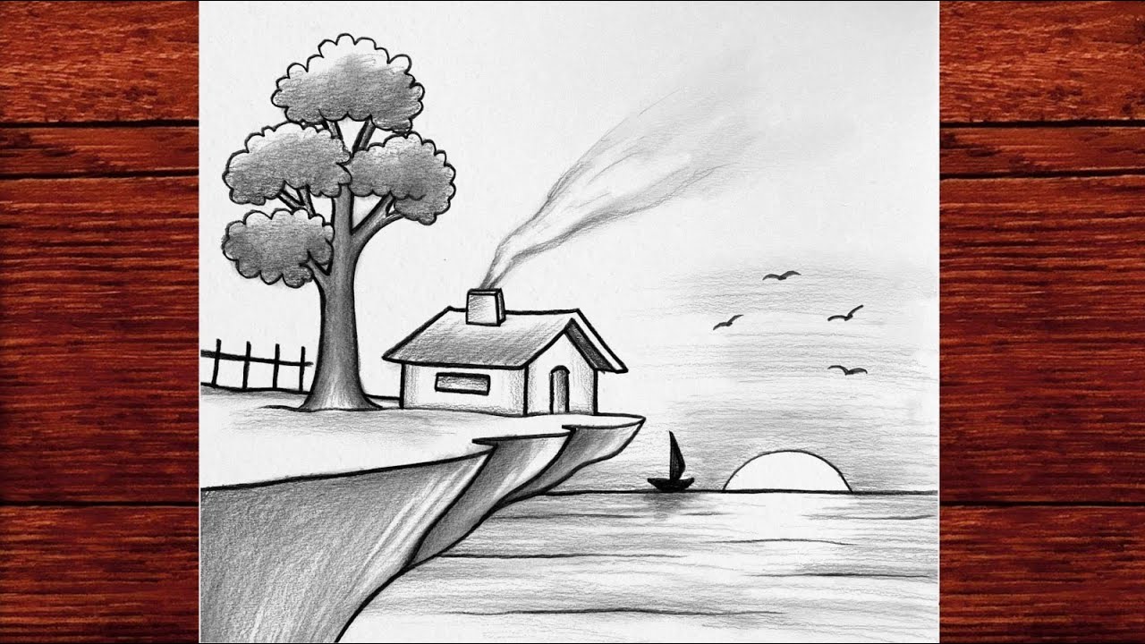 Easy Cliffside Scenery Drawing | Simple House and Sea Pencil Sketch