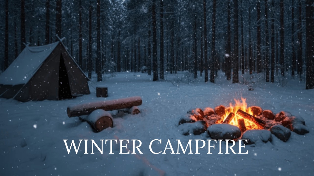 Campfire in the Snow | Winter Campsite Fire Sounds | 2 Hours | No Music