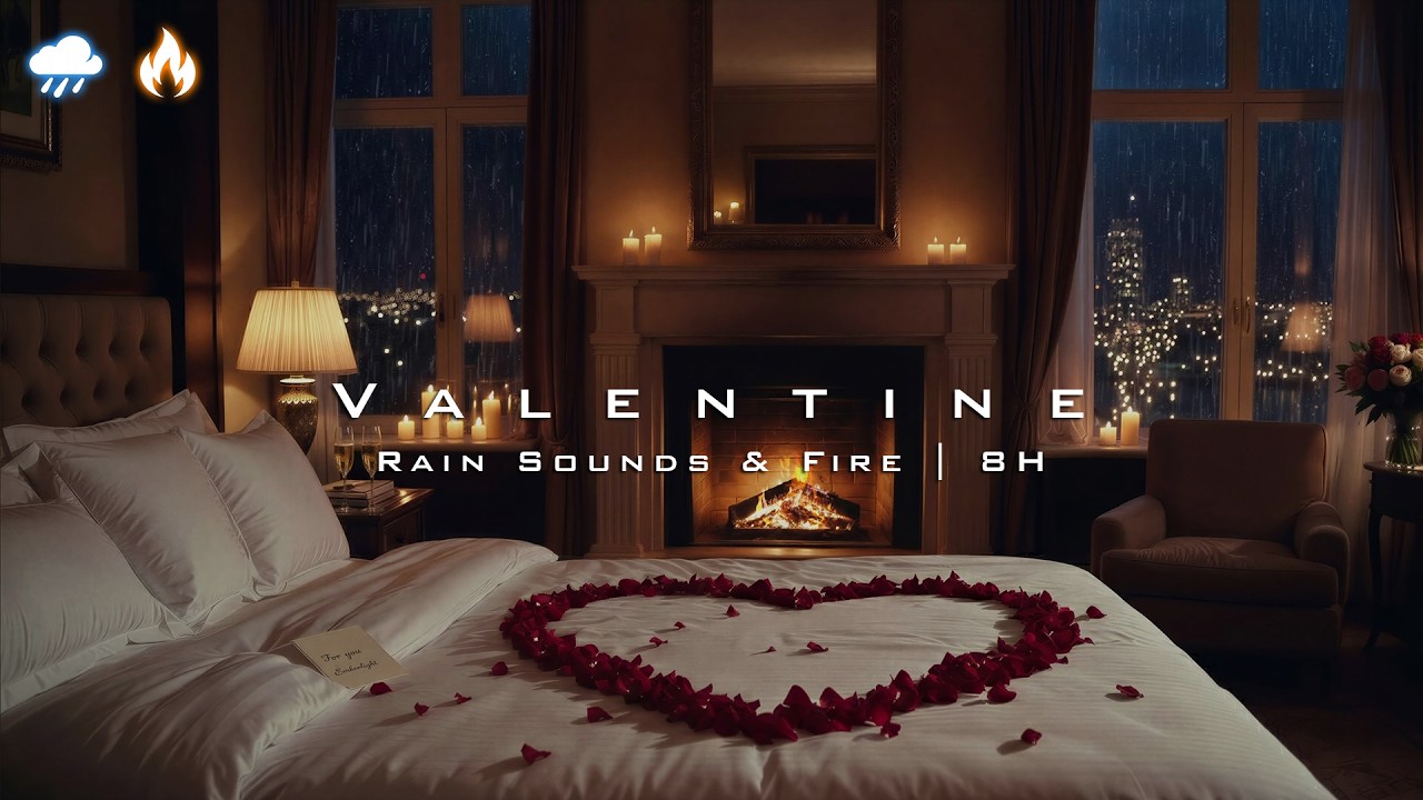 Rain & Fireplace Sounds for Sleep (8 Hours) – Cozy Hotel Room Ambience | Black Screen