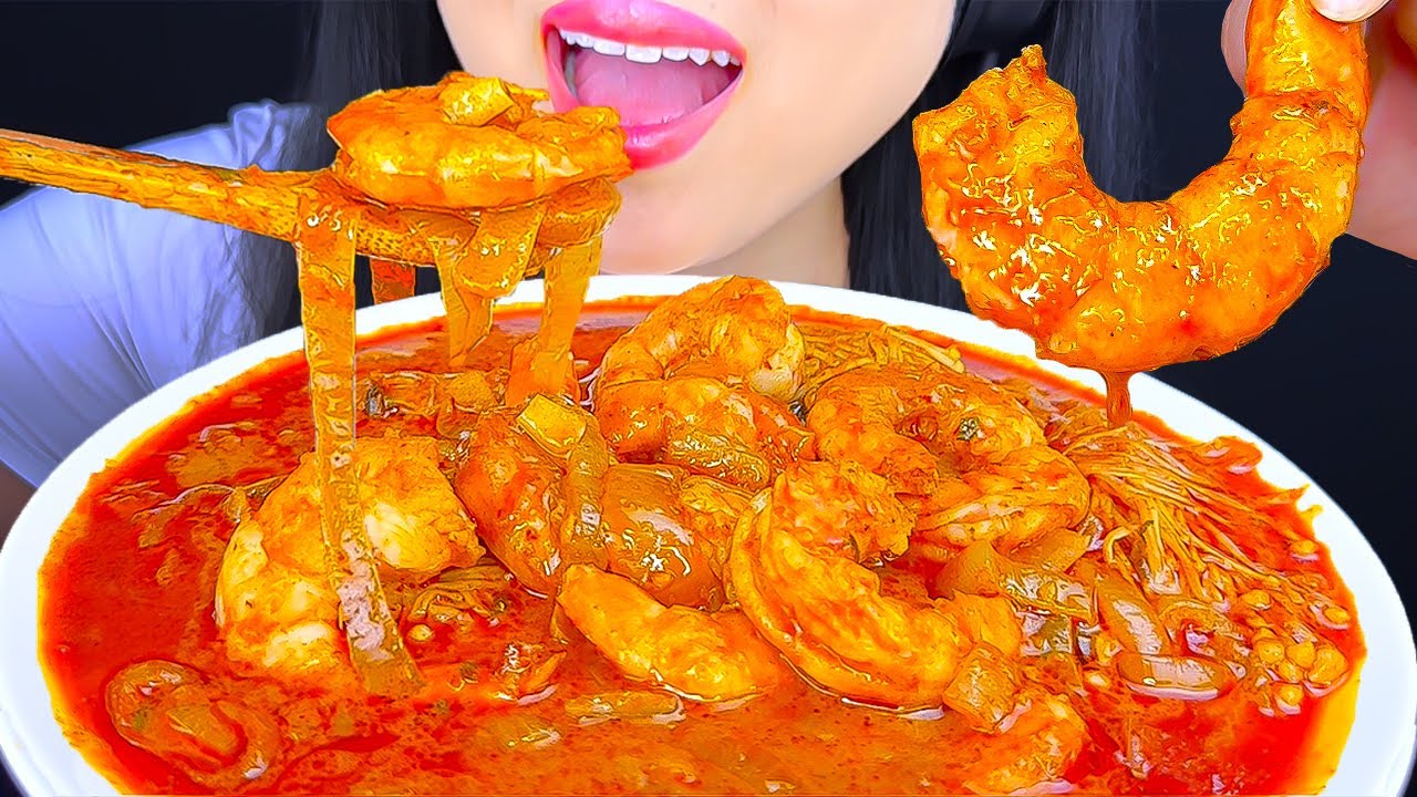 ASMR MUKBANG | DE-SHELLED SEAFOOD BOIL with SHRIMP, ENOKI MUSHROOMS & PURPLE POTATOES | ASMR Phan