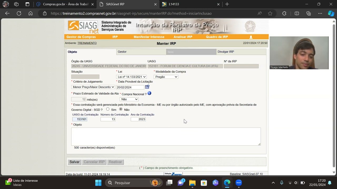 Lançando IRP - Intenção de Registro de Preços para Pregões SRP - Comprasnet - Lei 14.133/21
