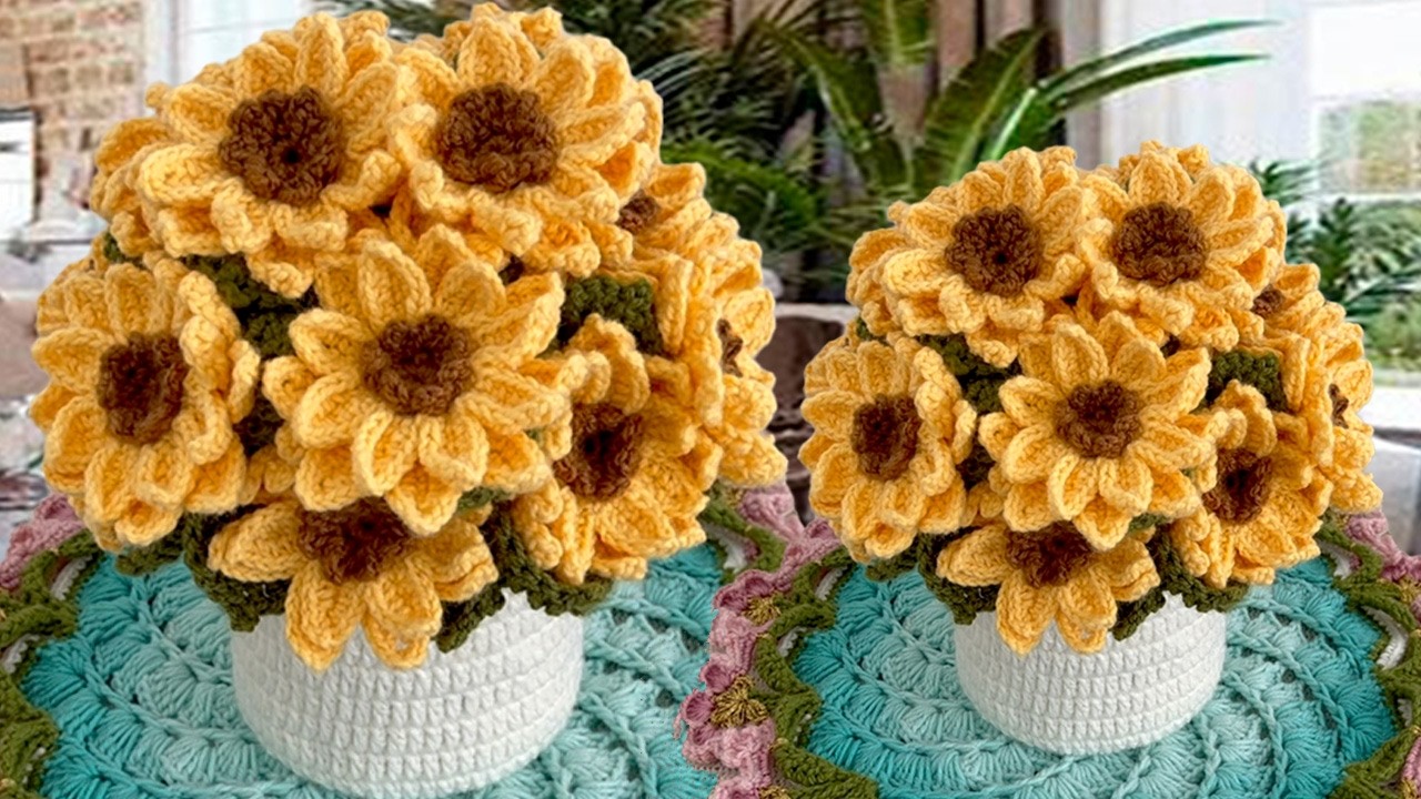 Como Tejer a Crochet Girasoles / Manta de Girasoles de Crochet/Ramo de Flores de Ganchillo