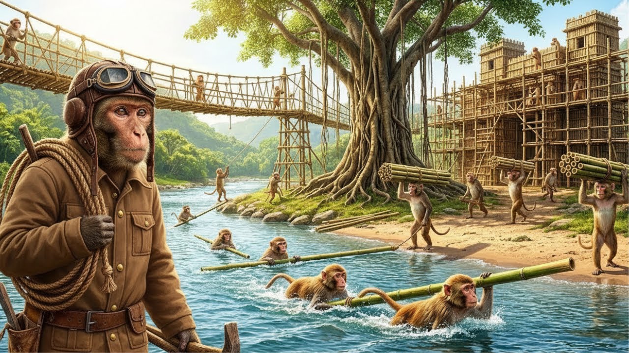 Indian Monkey Engineers Build a Massive Bamboo Fort & River Bridge 😱 | 4K