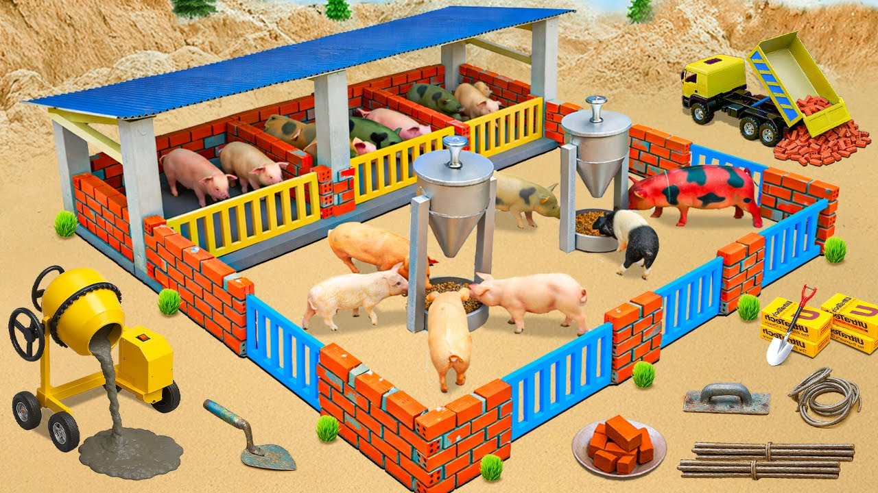 DIY Mini Tractor Builds a Brick Pig Pen with Protective Fencing After a Wolf Attack -Science Project