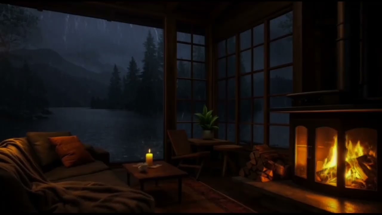 🏡 Cozy cabin Fireplace Sound and Rain Outside