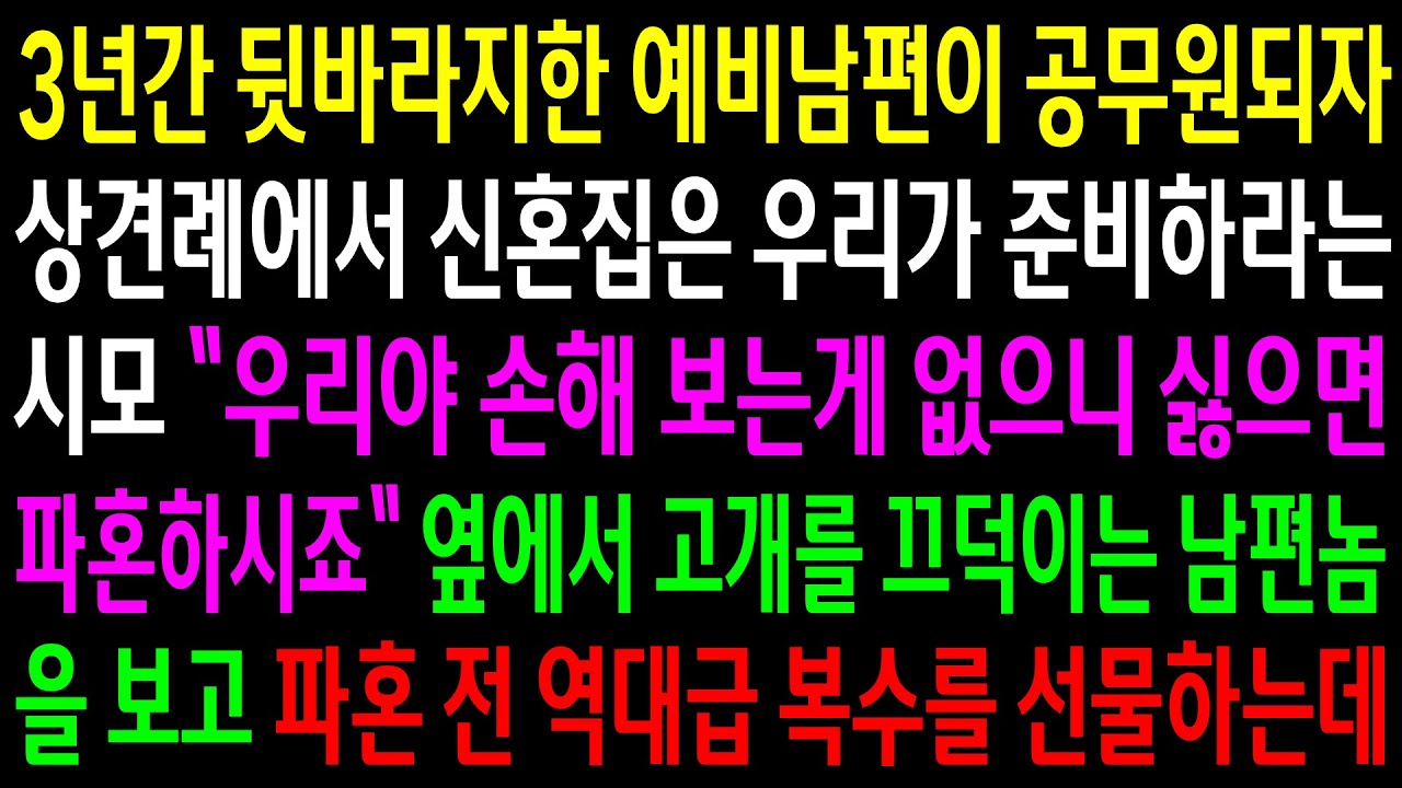 (반전사연)3년간 뒷바라지한 예비남편이 공무원되자 상견례에서 신혼집은 우리가 준비하라는 시모..고개를 끄덕이는 남편놈한테 역대급 한방을[신청사연][사이다썰][사연라디오]