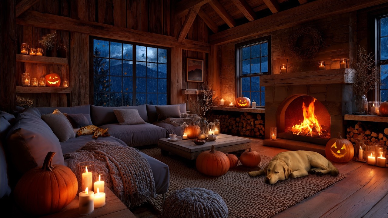 Thunderstorm & Fireplace Sounds for Sleep | Cozy Autumn Rain & Halloween Night Ambience