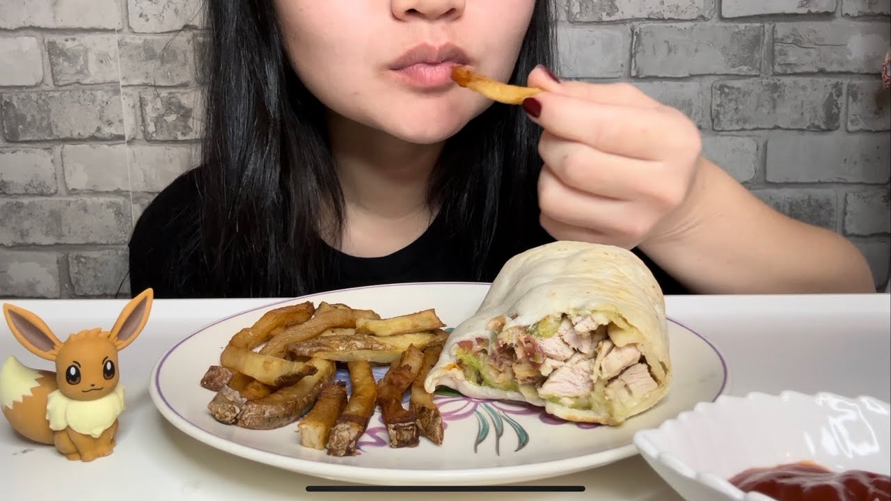 Wrap and Fries ASMR EATING - Mukbang | EeveeEats