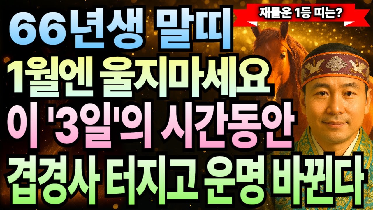 병오년생 2026년 1월 말띠 1966년생 60세 운세 복터짐 시작! 부자 기운 깨어나고 횡재운 폭주하는 한 달, 말띠 평생 대운 쌓이는 이유 절대 놓치지 마세요.