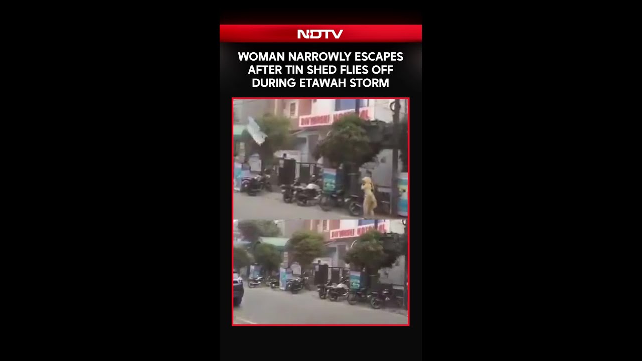 On Camera, Woman Narrowly Escapes As Flying Tin Shed Misses Her Neck During Etawah Storm