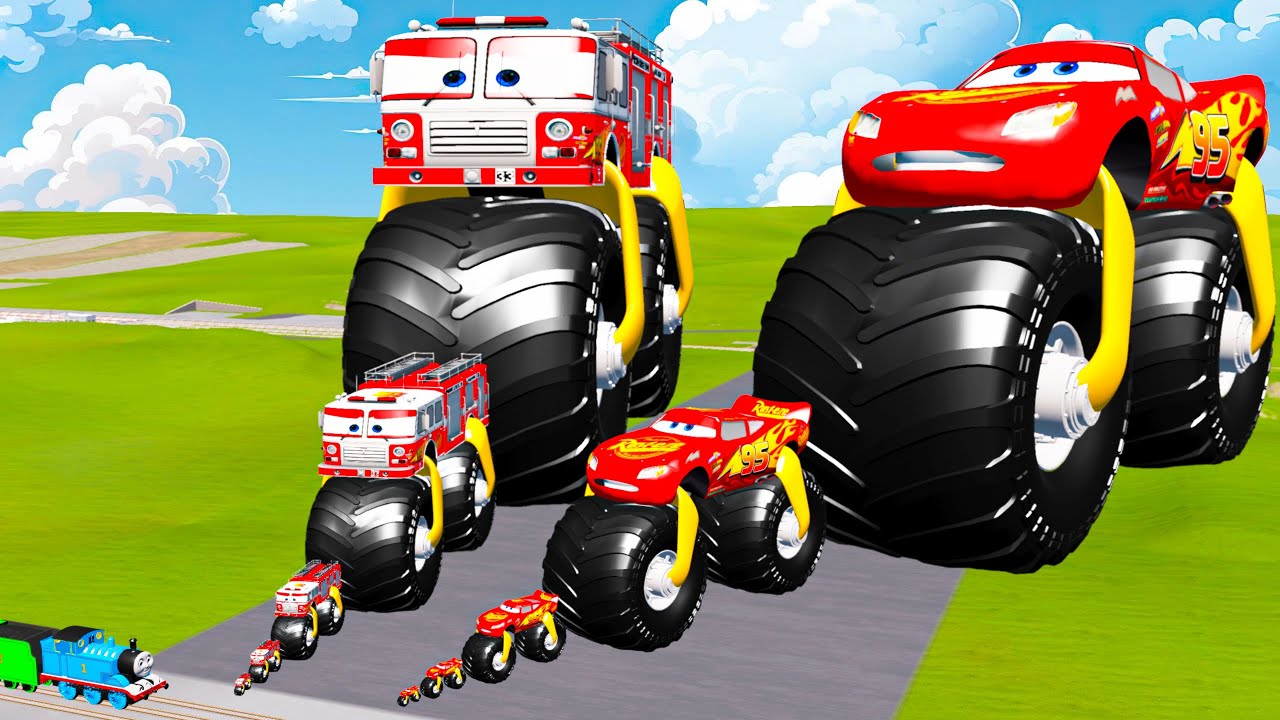 Big & Small Fire Truck Moto Monster & McQueen Moto Monster VS Train | BeamNG.Drive