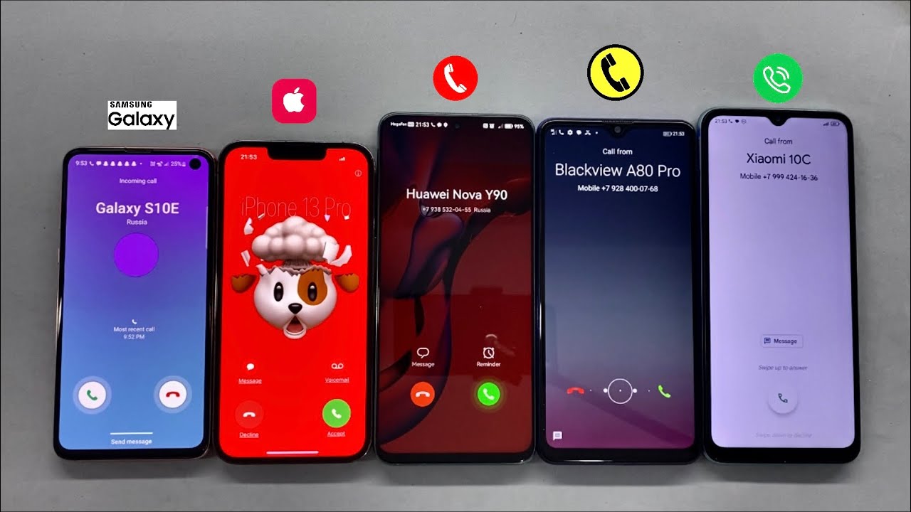 Ringing incoming call iPhone 13 Pro + Samsung S10e + Huawei NY90 + Blackview A80 Pro + Xiaomi 10C