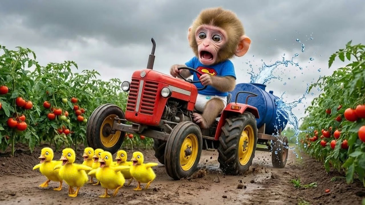 Monkey Bini Drives Tractor in DEADLY Drought! 🚜🌵 He Slips Into Cracked Land and Baby Duck Rescue 😱🦆