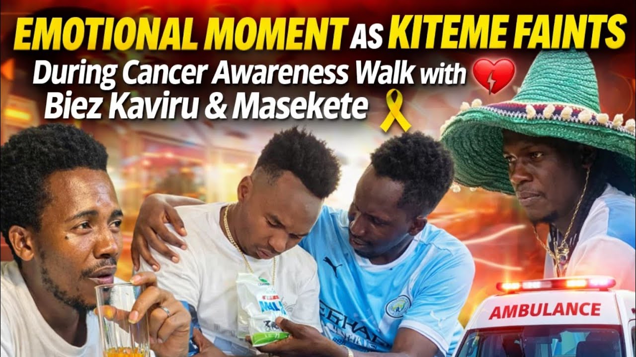 “Emotional Moment as Kiteme Faints During Cancer Awareness Walk with Biez Kaviru & Masekete 💔🎗️”