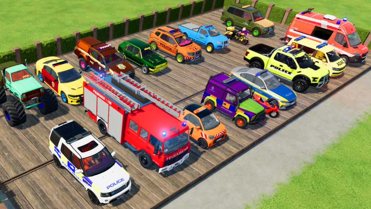 TRANSPORTING CARS, AMBULANCE, POLICE CARS, FIRE TRUCK, MONSTER TRUCK OF COLORS! WITH TRUCKS! - FS 22