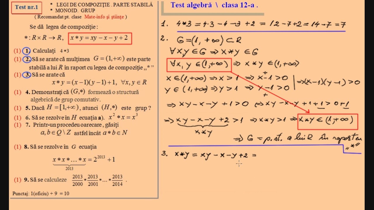 Test de evaluare - Legi de compozitie, clasa a XII-a (Mate-Info si Stiinte)