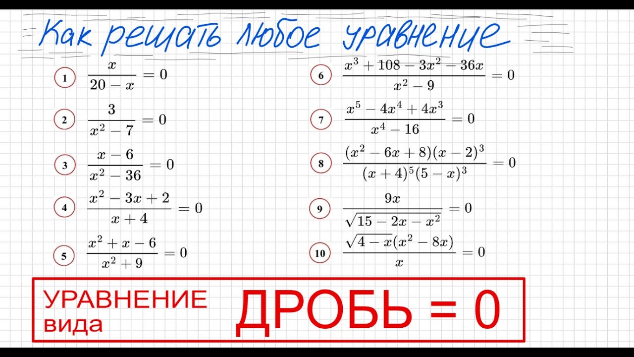 Как решать уравнение с дробями Уравнение вида Дробь=0 Дробное уравнение Числитель=0 знаменатель не=0