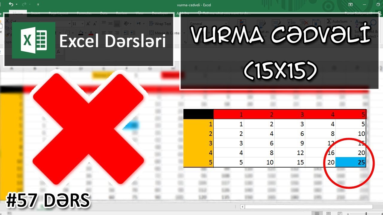 Excel dərsləri #57 - Vurma Cədvəli (15x15)