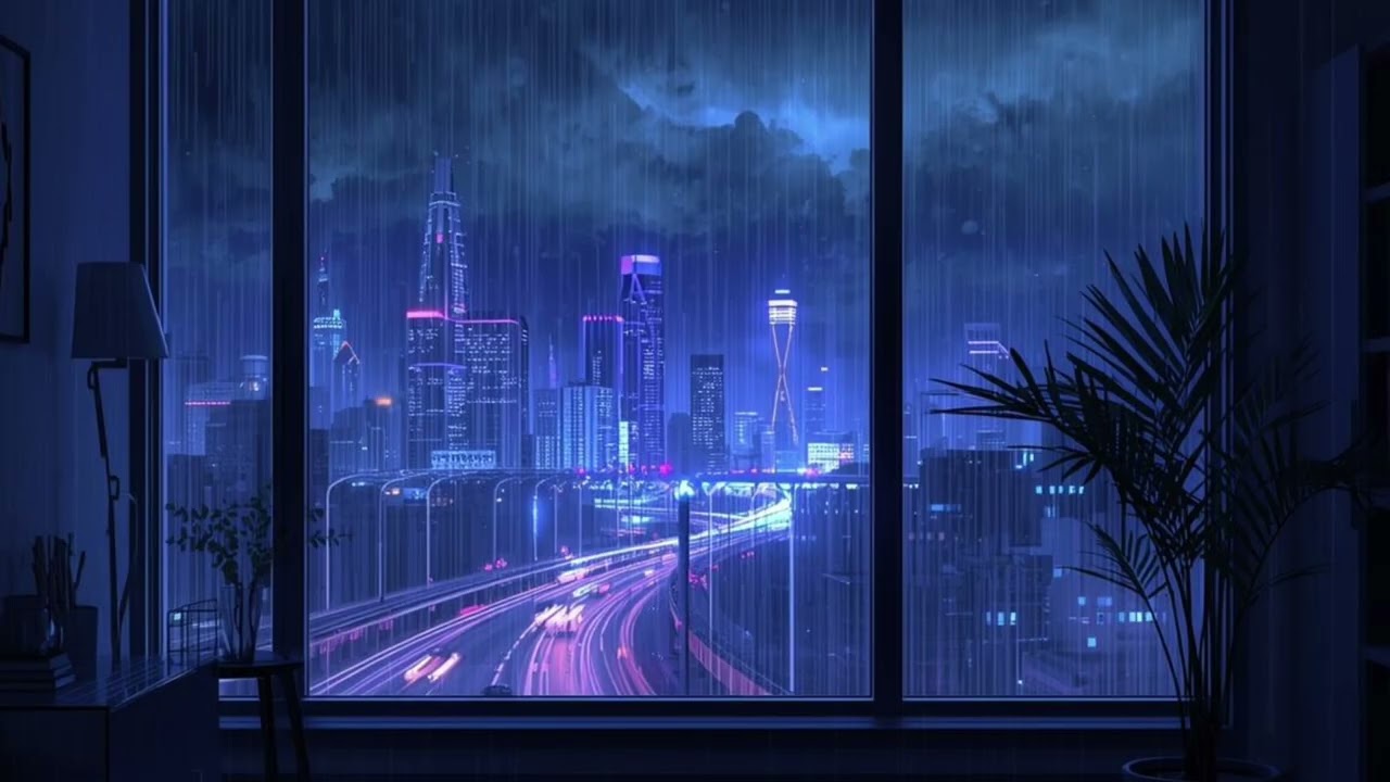 Cyberpunk Apartment During Night Rain | Calm Futuristic Ambience