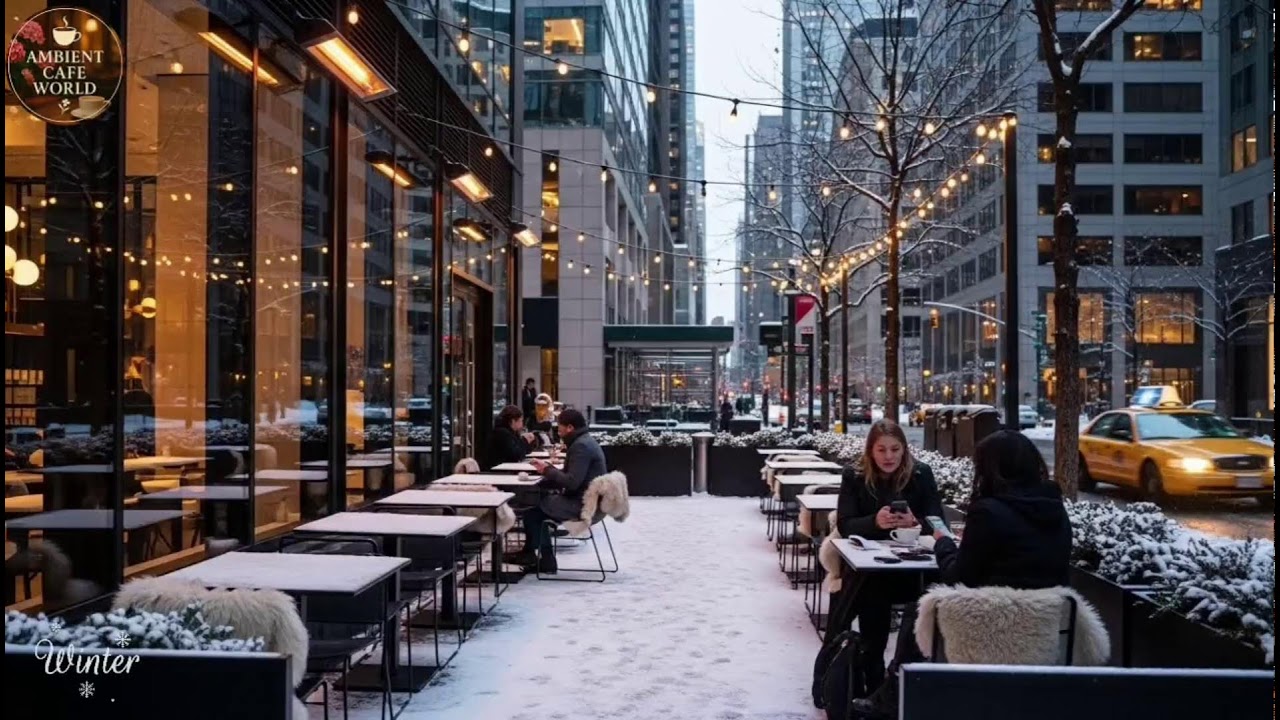 🔴 Good Mood with Smooth Winter Jazz Music ⛄ Outdoor Coffee Shop Ambience & Warm Piano Jazz Music