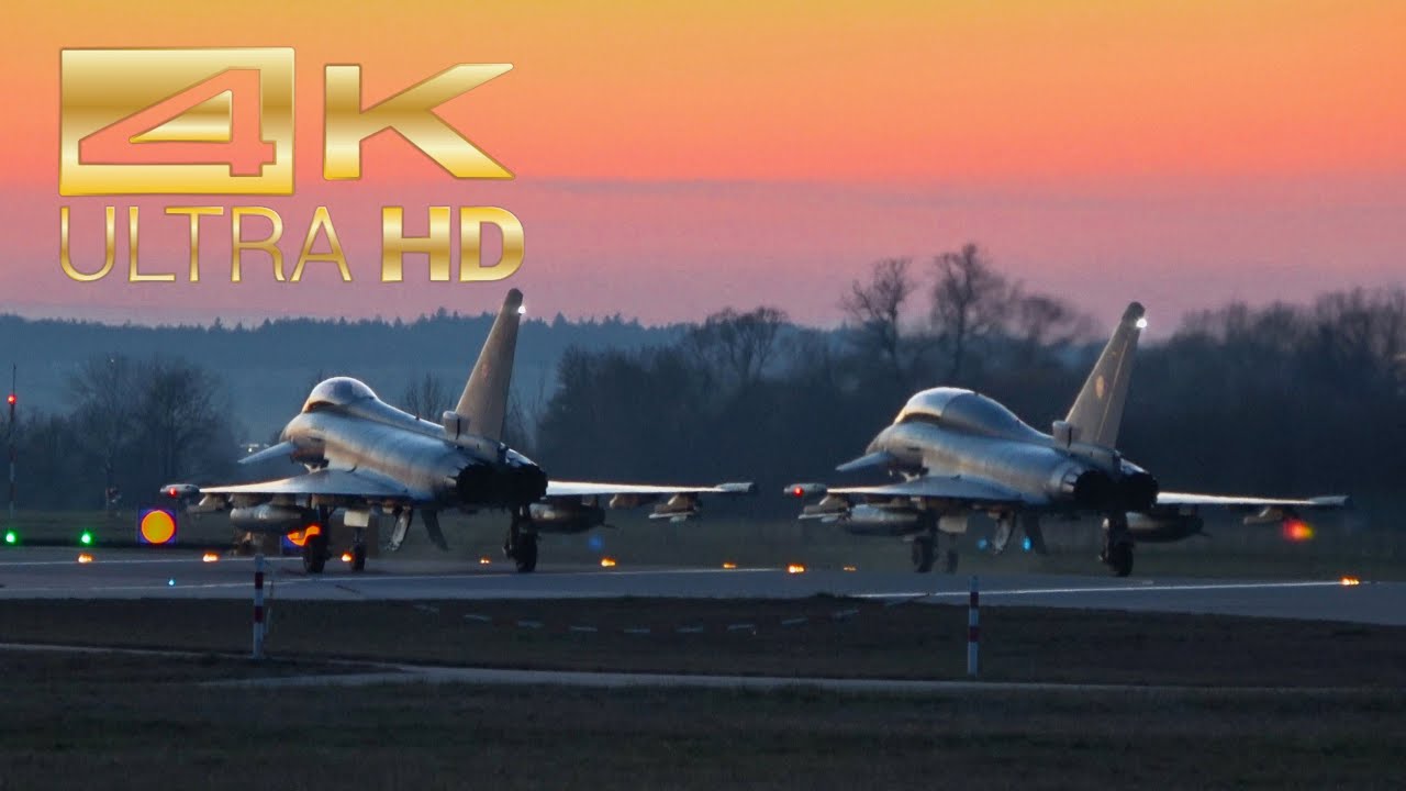 (4K) 6 Eurofighter Typhoon Sunset departure Luftwaffe German Air Force at TaktLwG 74 Neuburg ETSN