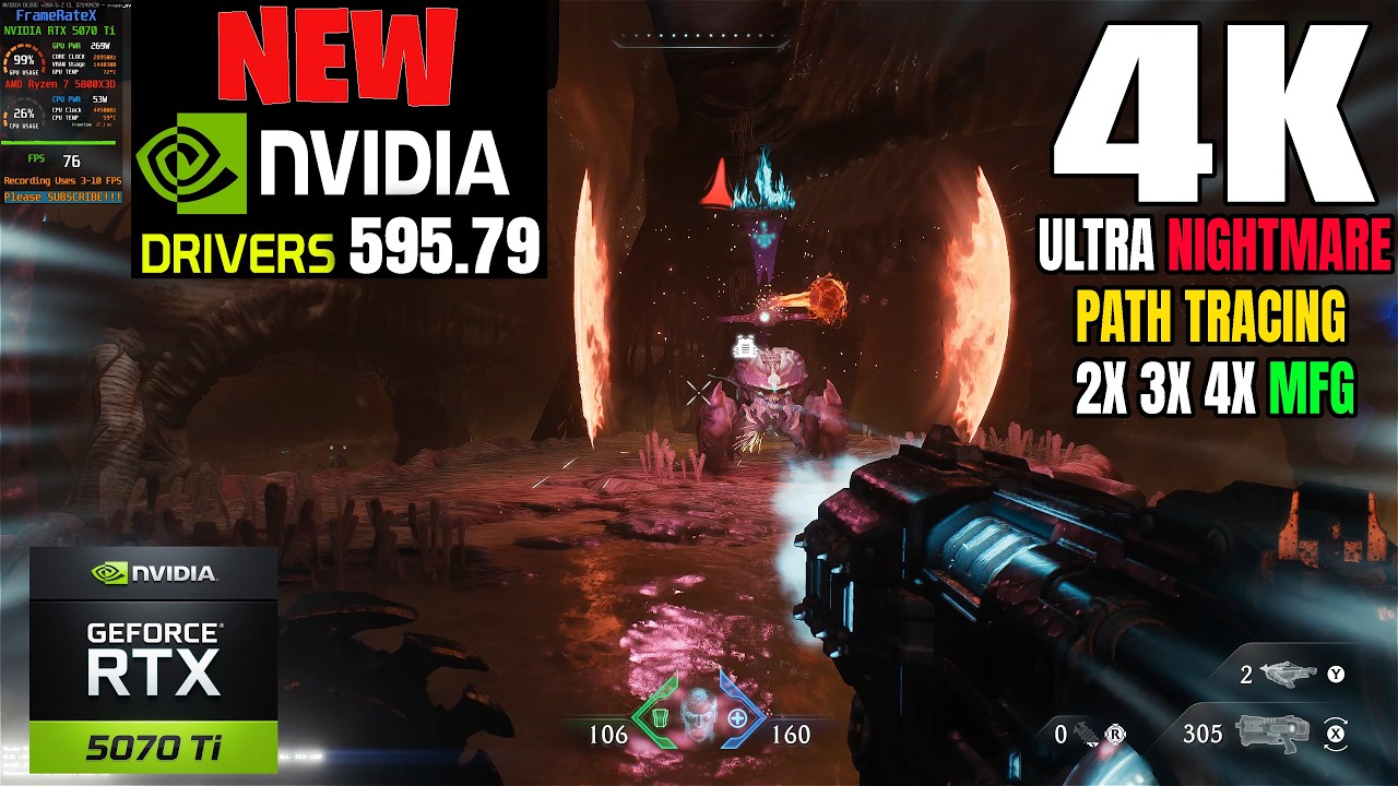 New NVIDIA 595.79 Drivers | RTX 5070 Ti | DOOM The Dark Ages | 4K | Path Tracing | 2X 3X 4X MFG