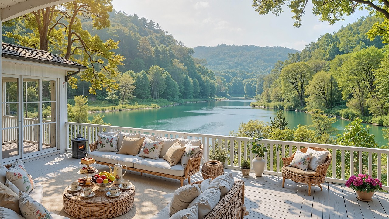 Summer Porch Ambience 🌿 Gentle Piano Music and Crackling Fireplace for Stress Relief