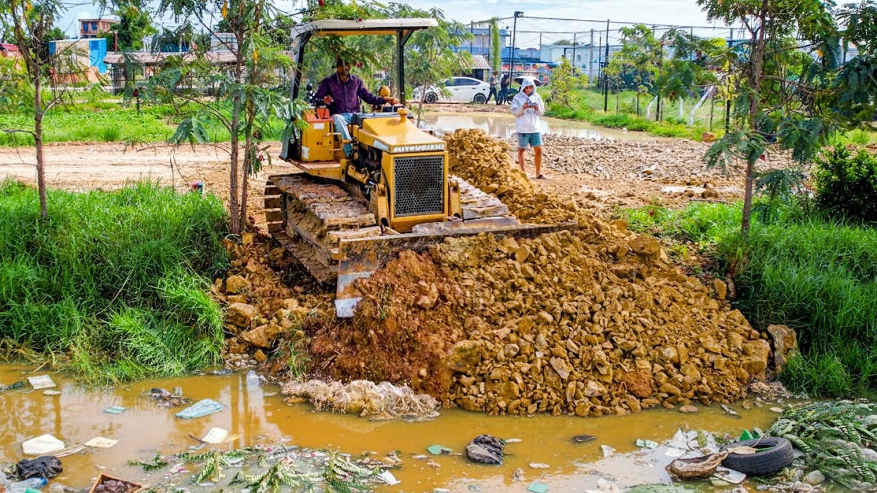 Opening a Perfectly Project! Landfill on Flooded Area by Skill Dozer & Truck Push Stone Into Water