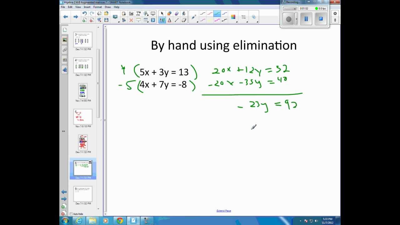 Algebra 2 4-8d Solve system with augmented matrix.wmv