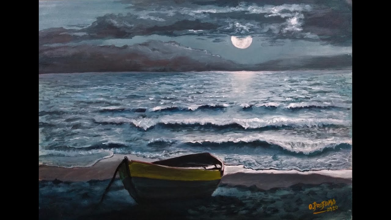 PINTANDO  una marina de noche, con luna y bote - OLEO