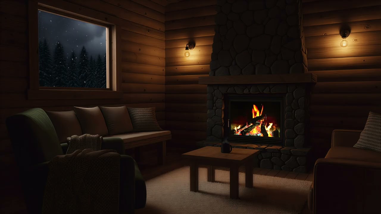 Snowy Forest Cabin at Night – Soft Fire Glow and Calm Winter Ambience