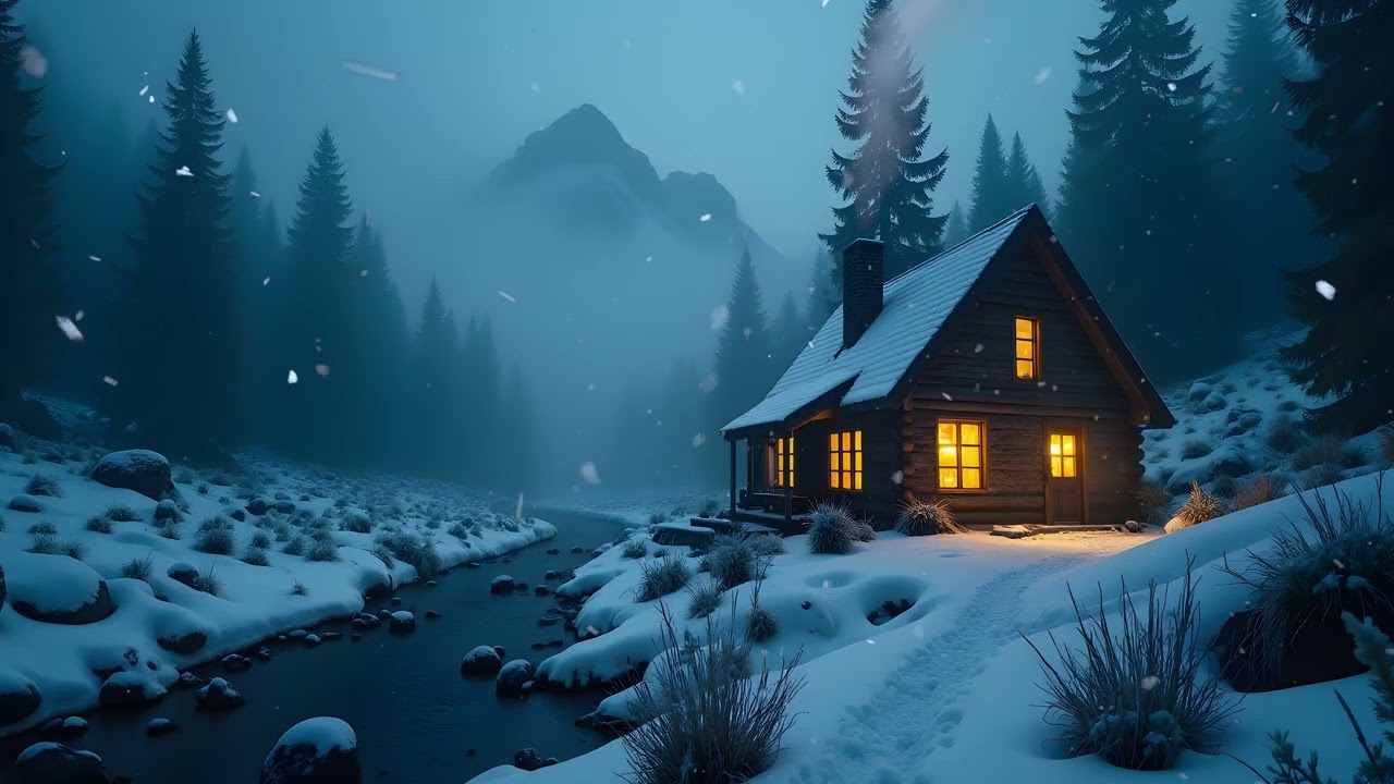A Lonely Cabin in the Frozen Woods | Cinematic Winter Ambience with Fog & Mountain Winds