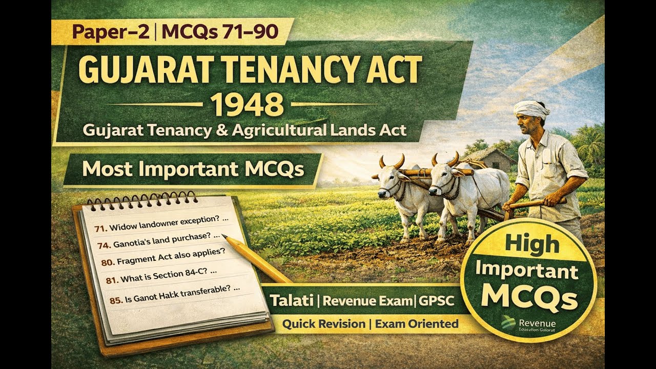 Gujarat Tenancy Act 1948 | Paper-2 MCQs (71–90) | Talati & Revenue Exam